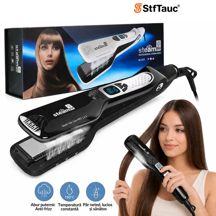 Преса за изправяне на коса с пара StfTauc®SteamPro, 2 в 1, керамични плочи с турмалин, функция за йонизация, 5 температурни степени 150–230°C, LCD екран, въртящ се на 360° кабел