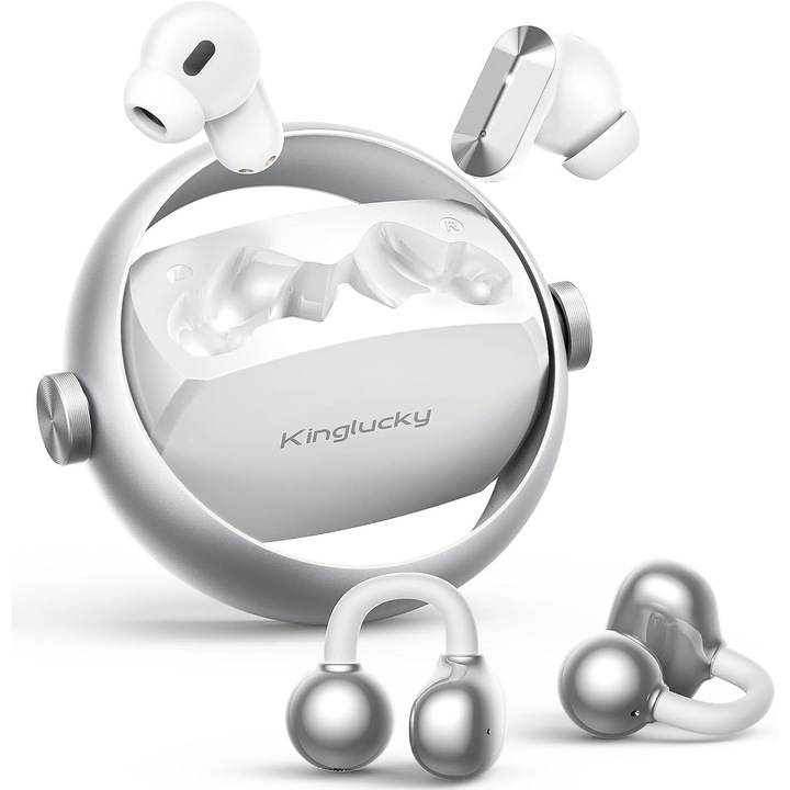 Casti Wireless Kinglucky A30, Design Dual 2in1, In-Ear ANC si Open-Ear Clip-On, Bluetooth 5.4, Autonomie 50H, Dispozitiv Rotitor Antistres, Alb