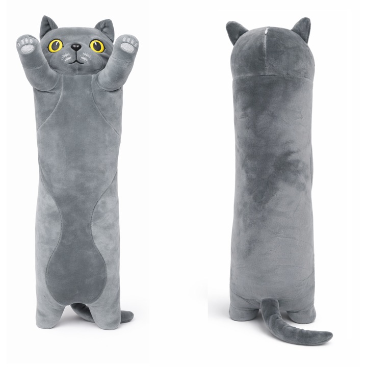 Pisicuta British Lunga de Plus, Jucarie Pufoasa pentru Imbratisat, Perna Decorativa Tip Animal, Gri, 70cm