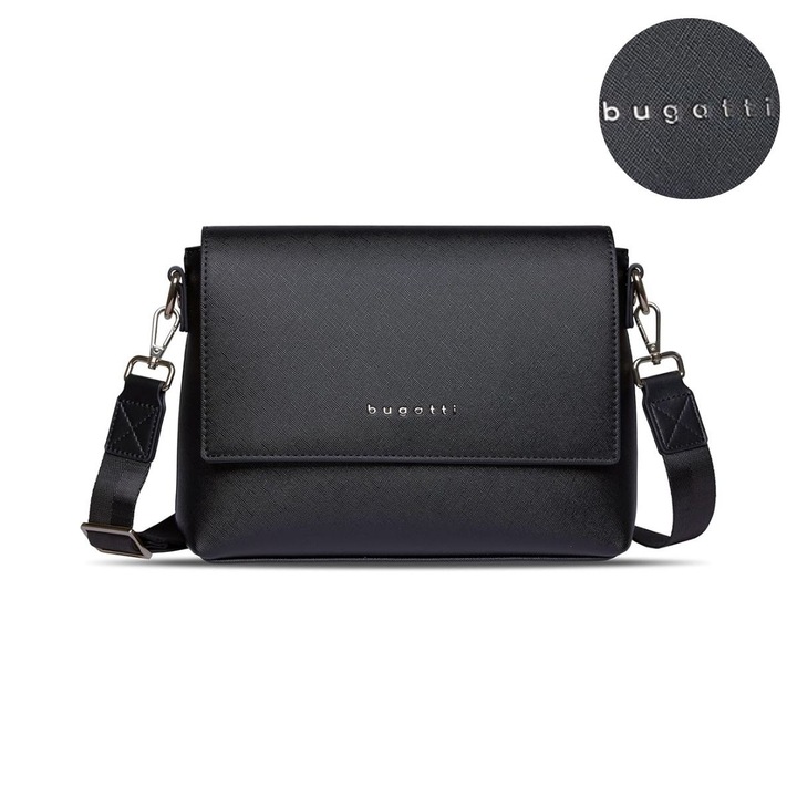 Geanta crossbody dama Bugatti Ella, piele ecologica cu finisaj Saffiano, compartimentare inteligenta, bareta reglabila, neagra, 496628