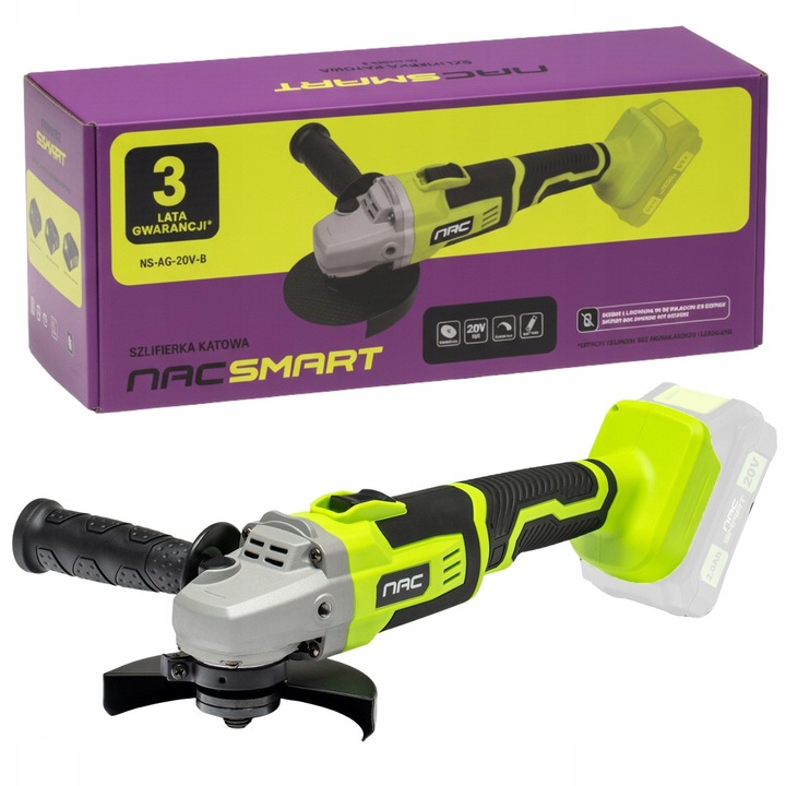 NAC SMART sarokcsiszoló, 125mm, 20V, akkumulátoros, kiegészítő fogantyúval, száraz használatra