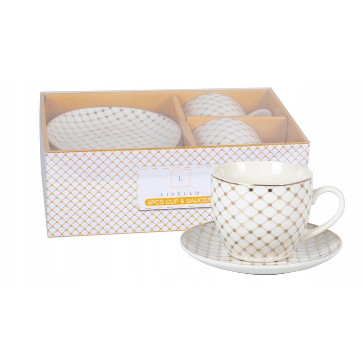 Set 2 cesti din portelan cu farfurii, Livello, 250ml, 14cm, alb