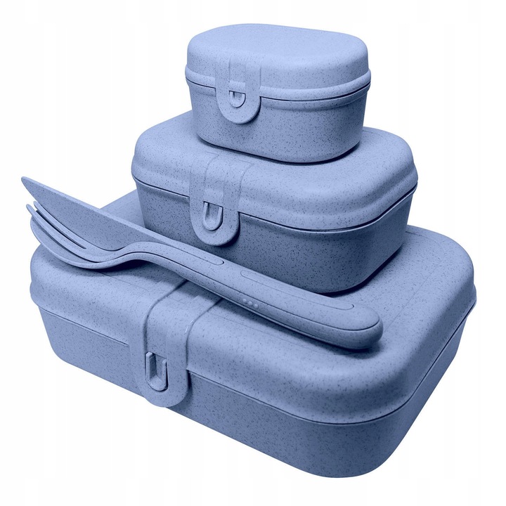 Cutie alimentara PASCAL READY, 3 compartimente, albastra, 23,2x16,6x6,2cm, cu set de tacamuri KLIKK