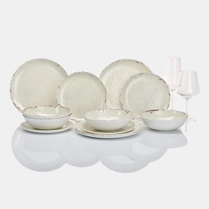 Set de masa Rustic Pearl 12 piese, antiderapant, Flamefield, design minimalist, rezistent la socuri, multicolor