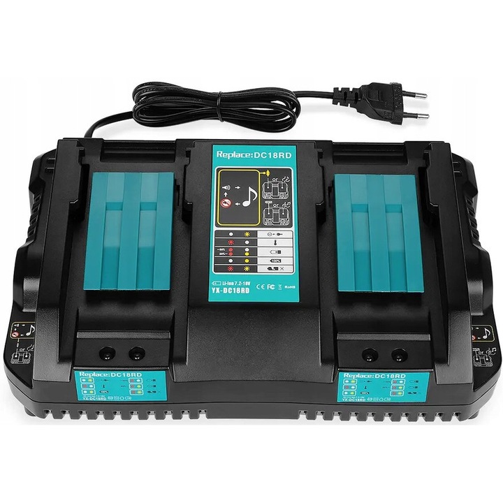 Incarcator dublu pentru baterii 18V, inlocuitor Makita DC18RD, 2 porturi, 265x177x97mm
