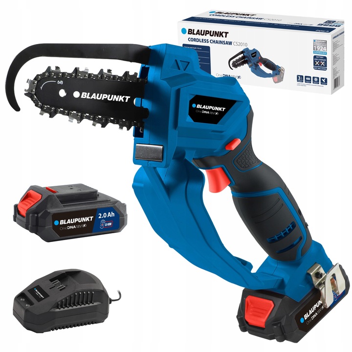 Fierastrau cu lant fara fir BLAUPUNKT CS2010, 18V, 110mm adancime taiere, 156mm lungime ghidaj, set cu acumulator 2.0 Ah si incarcator rapid 2.4A