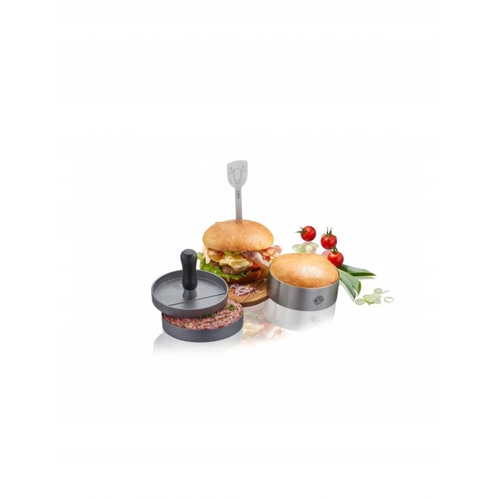 Gefu BBQ burger szett, prés, forma, nyárs, ezüst, 11.8x9.3cm