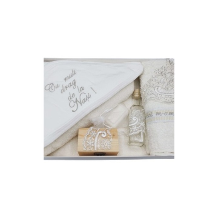 Trusou pentru botez, 7 piese, cu broderie, dantela argintie