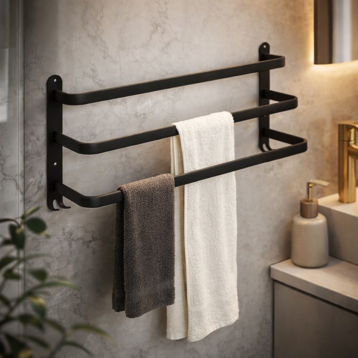 Suport premium prosoape baie Vilde, montaj perete, 3 bare + 4 carlige, design modern minimalist, aluminiu rezistent, finisaj negru mat, 50x15x23 cm