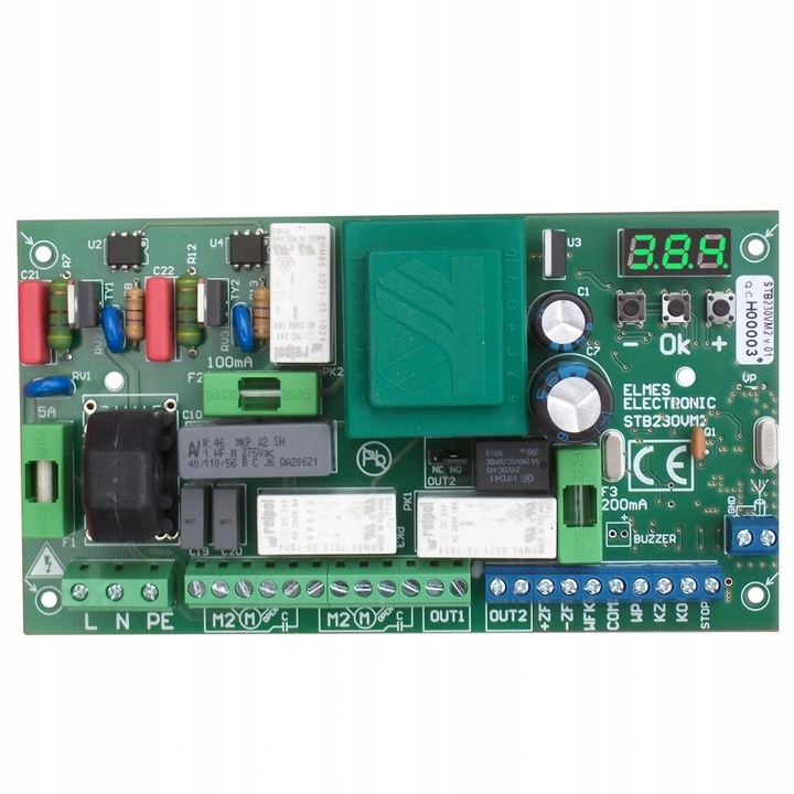 Kapuvezérlő, Elmes, STB230VM2, 230VAC, 433,92MHz, 2 csatornás, méretek 165x90x45mm