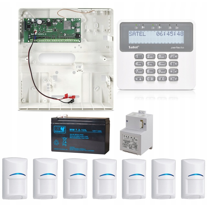 SATEL Perfecta 16 LTE felügyeleti szett, PRF-LCD, 7x Bosch W12 PIR érzékelő, 12V 7,2Ah, 40VA transzformátor