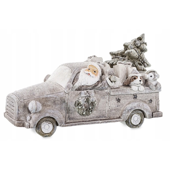 Figurina decorativa Craciun, masina cu brad si Mos Craciun, multicolor, 9,5x15,5x8,5cm