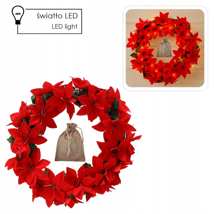 Chomik karácsonyi koszorú, 40 cm, 30 mini LED lámpa, piros