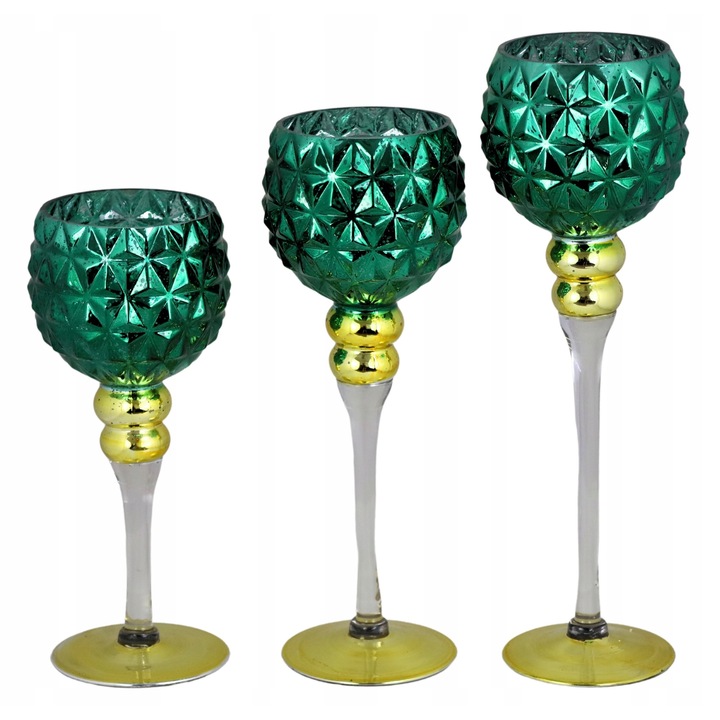 Комплект 3 поставки за свещи, Ewax, зелено-златист, 30x35x40см