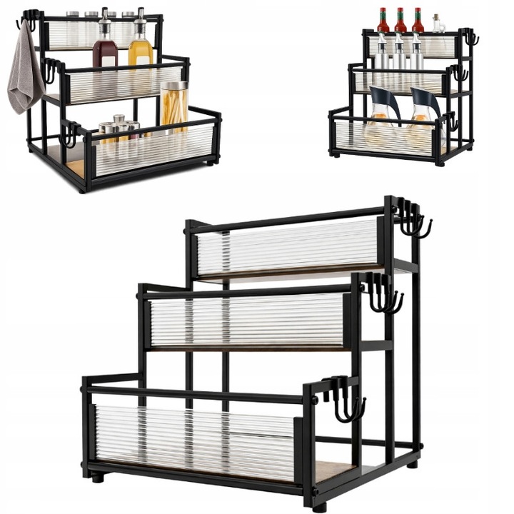 Raft bar, 3 niveluri, metal negru, lemn, 33.8x33.8x34.2cm