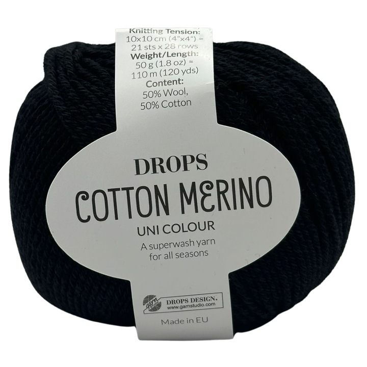 Fir tricotat/crosetat DROPS Cotton Merino, 50% lana merino + 50% bumbac, 50g/110m, Oeko-Tex®, Superwash, pentru haine si accesorii, Negru
