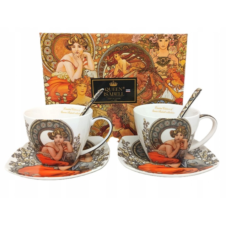 Set cani cu farfurii si lingurita, Queen Isabell, Alfons Mucha, 250ml, 7x12cm, 13x13.5cm