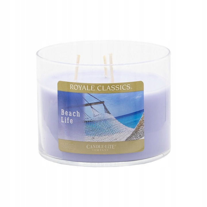 Lumanare parfumata in sticla, Candle-lite, Royale Classics, Beach Life, 3 knoturi, albastru, 11.5 oz