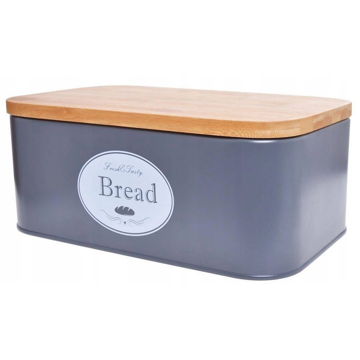 Élelmiszertároló doboz, Upominkarnia, fém kenyértartó bambusz tetővel, 42.5x23x12.7cm, szürke