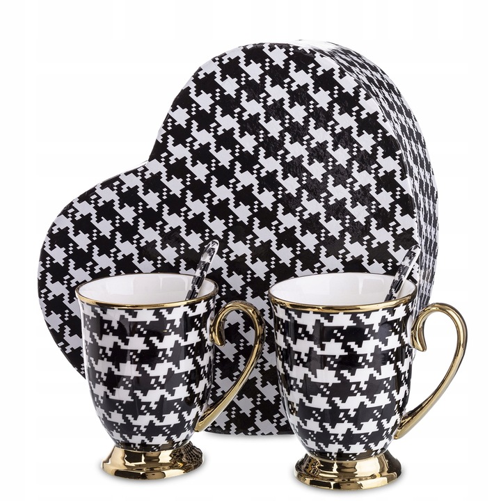 Set 2 cani cu lingurite, Queen Isabell, portelan, negru, alb, auriu, 10cm