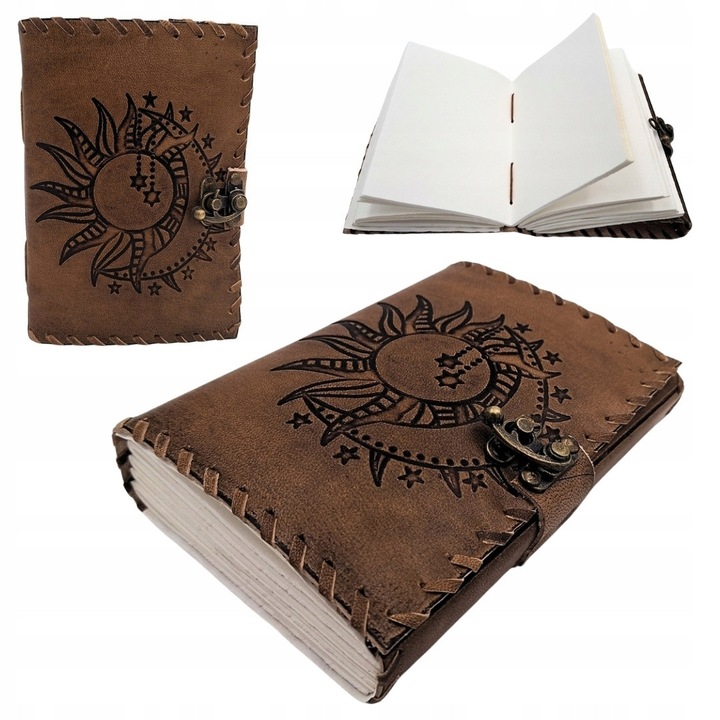 Notepad din piele de capra Giftdeco, 200 pagini, design retro cu Soare si Luna, 18x13cm, bej si brun