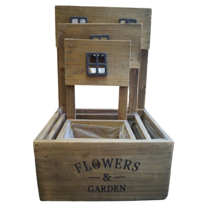 Set 3 ghivece din lemn, dimensiuni 32x20cm, 27,5x20cm, 24x12cm, multicolor