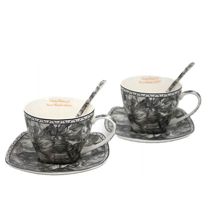 Set 2 cani cu farfurioare si lingurita, Queen Isabell, design modern, motive florale, 7.5x12.5cm, 14cm