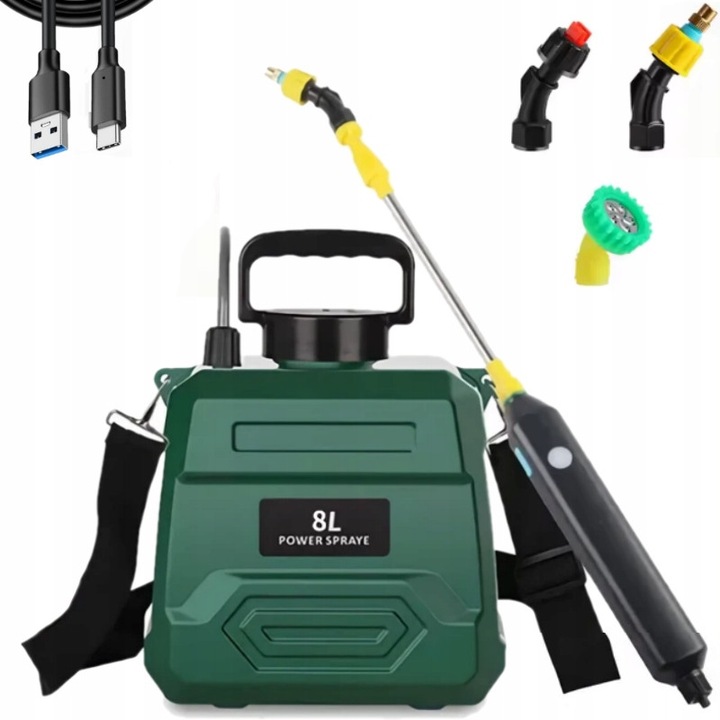 Opryskiwacz electric pentru gradina, 8L, verde, cu incarcare USB-C, set cu 3 duze