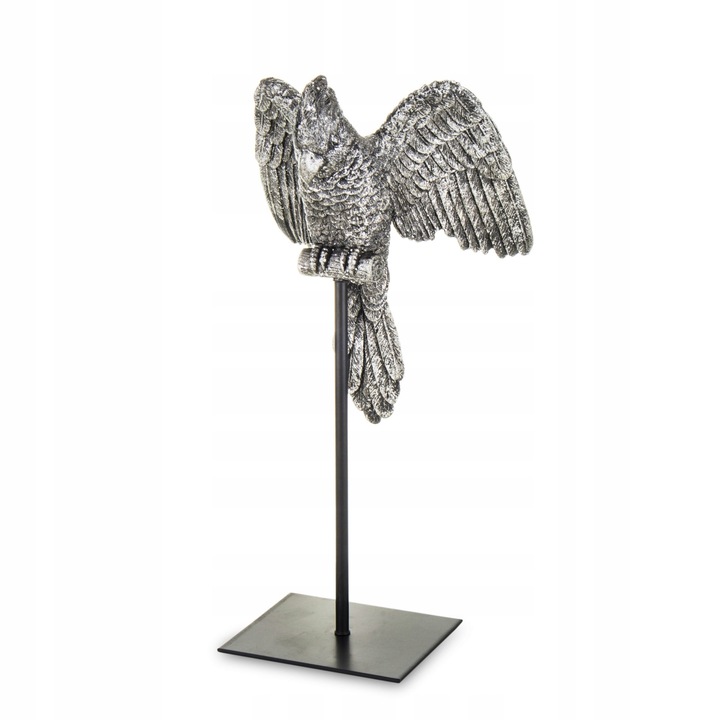 Figurina decorativa papuga argintie pe suport metalic, 34x17x17,5cm