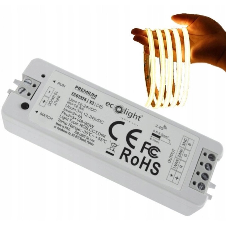 Sterownik RF RGB pentru benzi LED, Ecolight, 12A, 12-24V, 3 canale, alb, 33x97x18mm