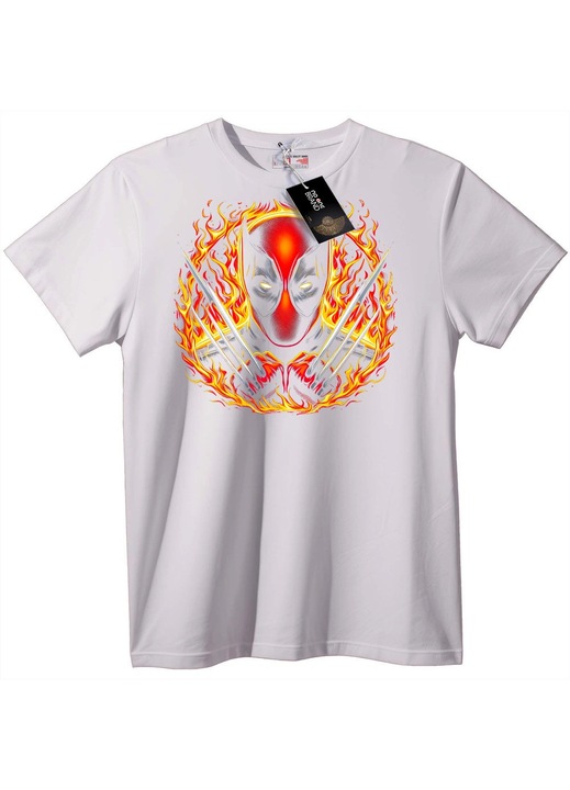 Tricou Deadpool Wolverine cu flăcări, Alb