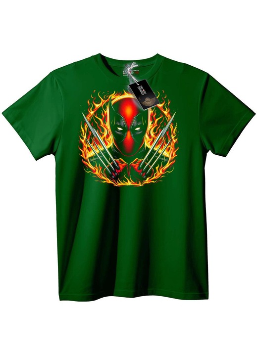 Tricou Deadpool Wolverine cu flăcări, Verde englez