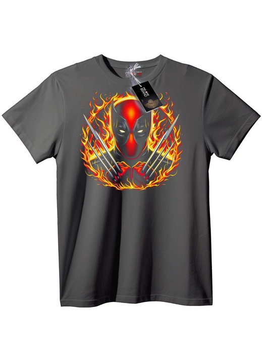 Tricou Deadpool Wolverine cu flăcări, Gri