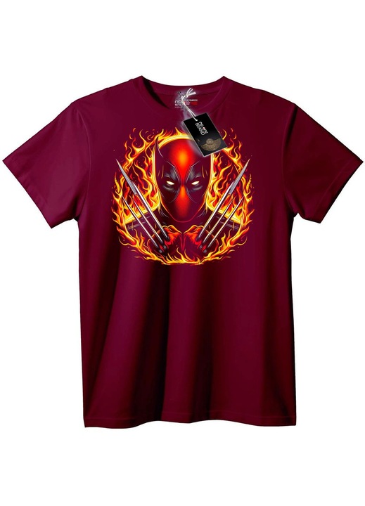 Tricou Deadpool Wolverine cu flăcări, Visiniu