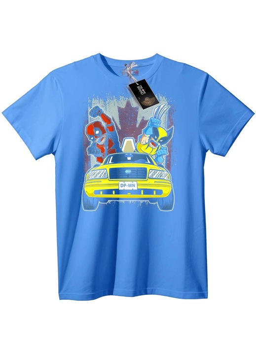 Tricou Deadpool & Wolverine cu mașină, Albastru deschis