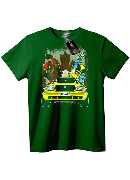 Tricou Deadpool & Wolverine cu mașină, Verde englez