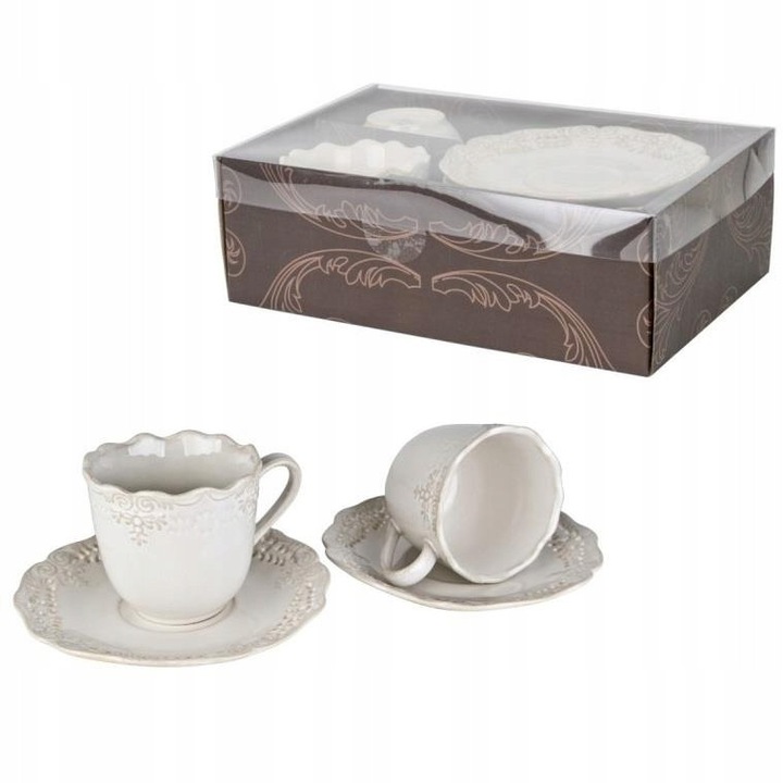 Set 2 cani cu farfurii Veroni Amelia, 200ml, ceramica, rustice