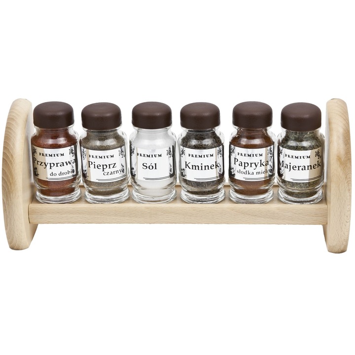 Set de 6 prajitoare condimente, suport din lemn, sticla, 30x12x7,2cm, condimente incluse
