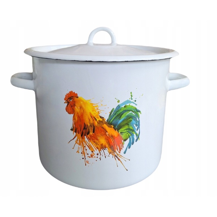 Oala emaliata cu capac Kogut, 20cm, 4,5L, alb, nuante de brun si verde