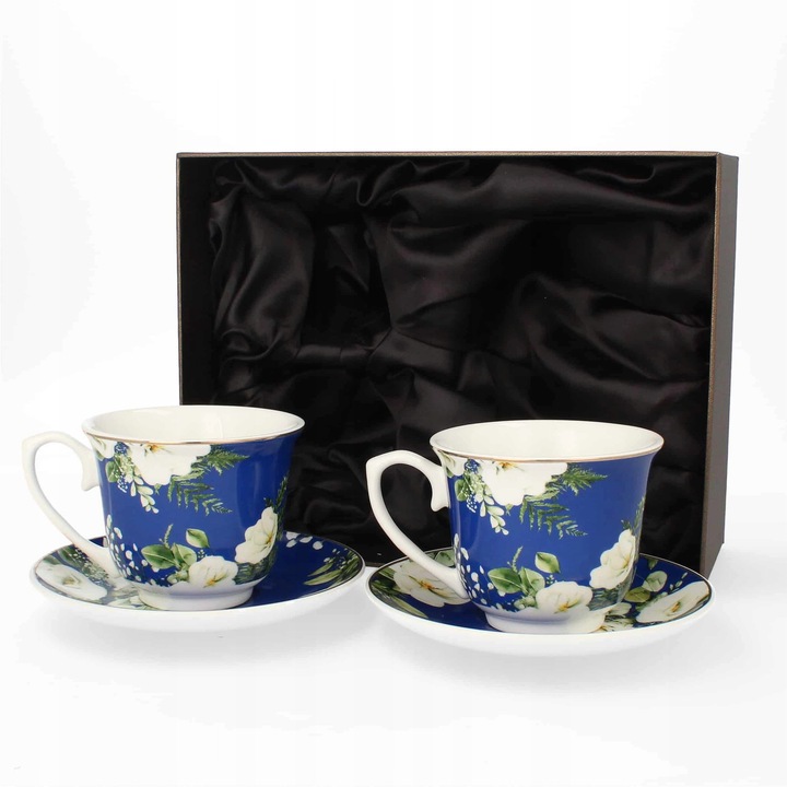 Set 2 cani din portelan cu farfurii, Livello, 250ml, 14cm, alb