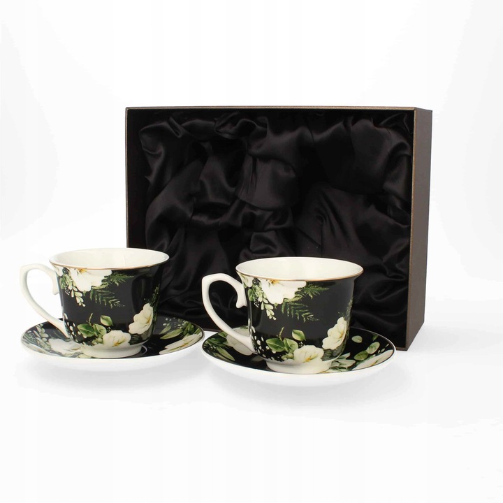 Set 2 cani din portelan cu farfurii, Livello, 250ml, 14cm, alb