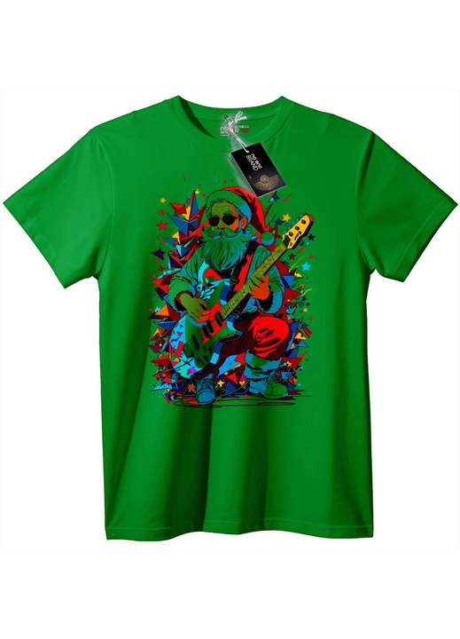 Tricou cu Moș Crăciun rock și chitară, Verde