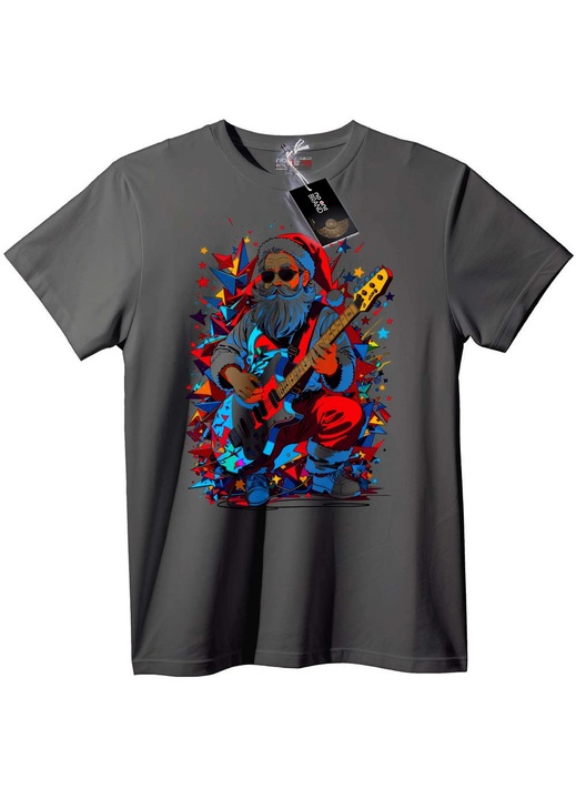 Tricou cu Moș Crăciun rock și chitară, Gri