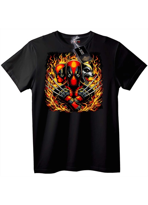 Tricou Deadpool & Wolverine cu foc, Negru