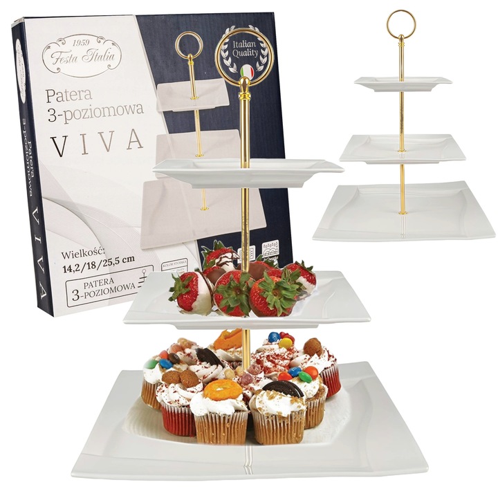 Patera 3 niveluri, Festa Italia, Viva, alb cu auriu, 14,2x14,2cm, 18x18cm, 25,5x25,5cm
