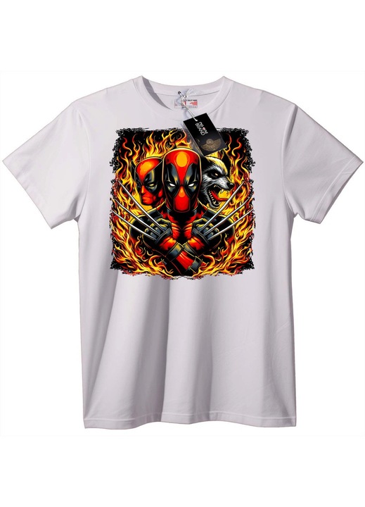 Tricou Deadpool & Wolverine cu foc, Alb