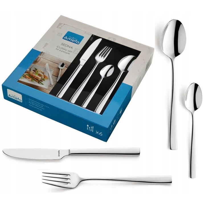 Set tacamuri Amefa Sedna 24 piese, inox 18/0, pentru 6 persoane, design unic