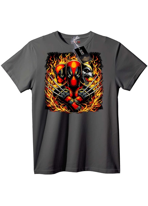 Tricou Deadpool & Wolverine cu foc, Gri