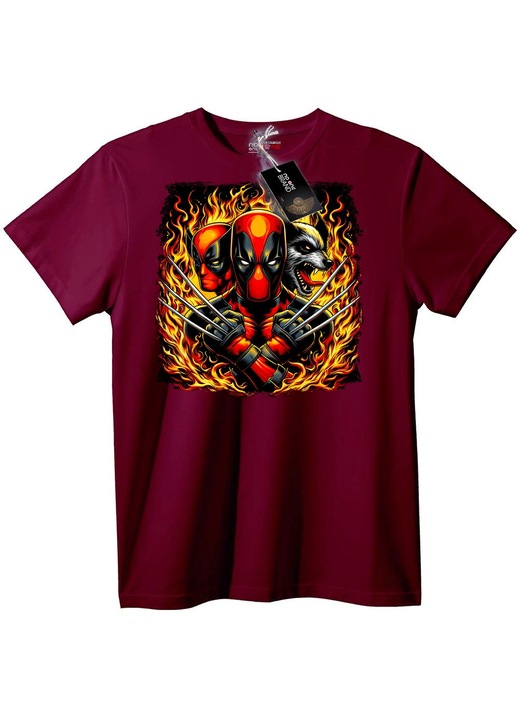 Tricou Deadpool & Wolverine cu foc, Visiniu