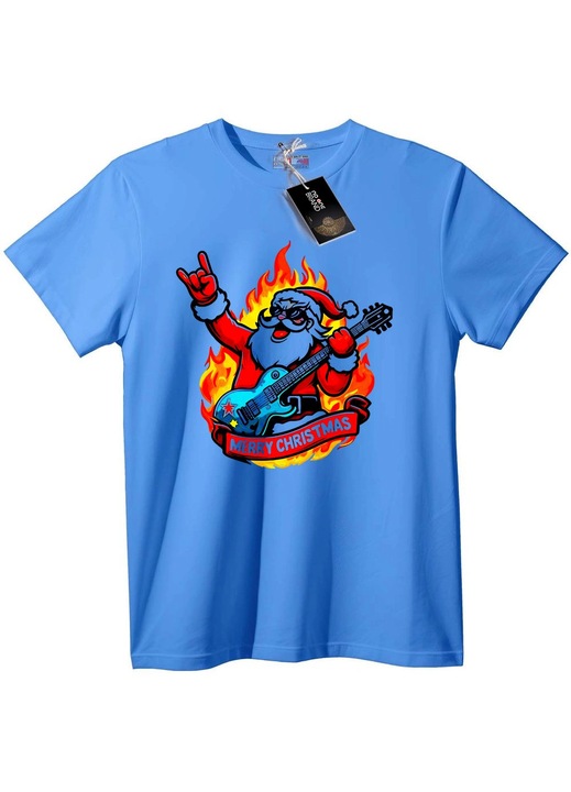 Tricou cu Moș Crăciun rock, Albastru deschis